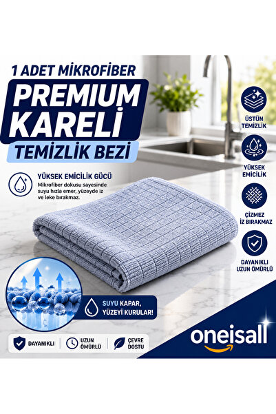 oneisall Premium Kareli Mikrofiber Temizlik Bezi 40x40 cm Yüksek Emici İz Bır...