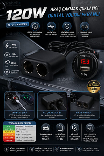 Rabelix Online Marketing 120W 2'li Araç Çakmak Çoklayıcı Dijital Voltaj Göste...