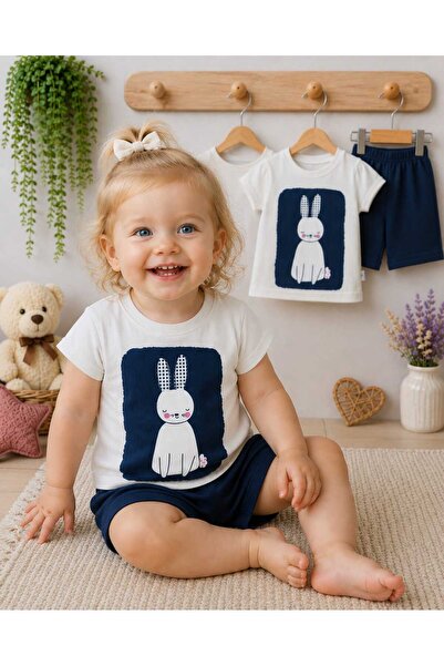 krm kerem bebe Cute Rabbit Patterned Baby Girl Top and Bottom Two-Piece Set