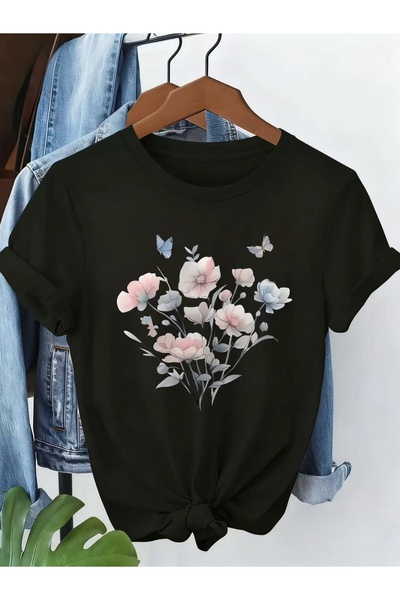 212Wear تي شيرت نسائي بأكمام قصيرة بتصميم فراشة وزهور مائية، بنمط خيالي ناعم ...