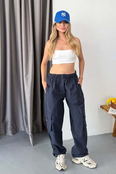 GİYSA Women's Elastic Waist Cargo Pocket Parachute Trousers with Stopper Legs...