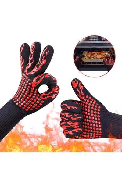 OEM Manusi BBQ Negre cu Modele Rosii - 2buc, Protectie Termica pentru Gratar ...