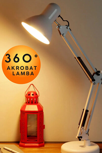 KAYRA LEATHER CRAFT Beyaz Akrobat Masa Lambası Yaylı Metal 360 Derece Hareket...