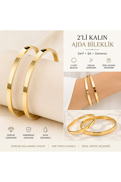 Erka 2'li Kalın Ajda Bilezik Altın Renk – Şık Minimal Kadın Kombin Takısı
