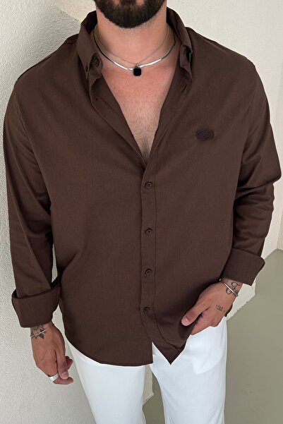 OUTFİT MAN R Minimal Κεντημένο Oversize Πουκάμισο Καφέ