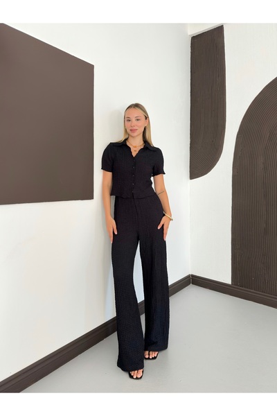 MODAMERSİ Women's Black Short Sleeve Shirt and Pants Two-Piece Set