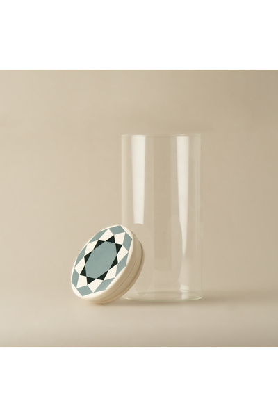 LA MESA Ribbed Glass Jar With Porcelain Cover Taibah Collection, Beige 10*15Cm