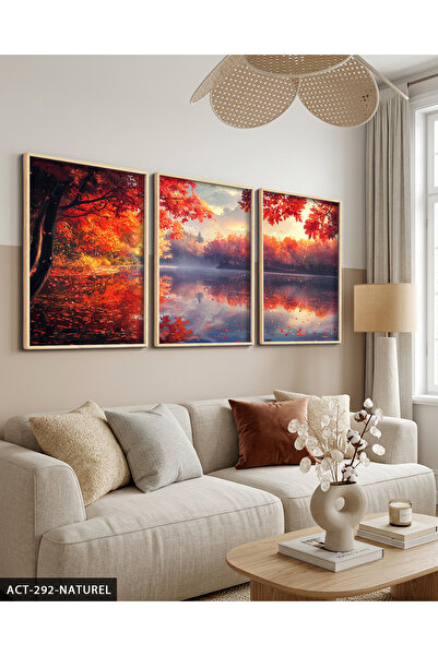 Evinemoda Lake in Autumn 3 Piece Wooden Framed Painting Act