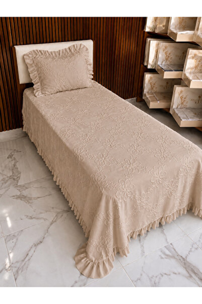 Jolie Maison Floral Ruffled Single Cappuccino Bedspread 180 X 250 Boxed