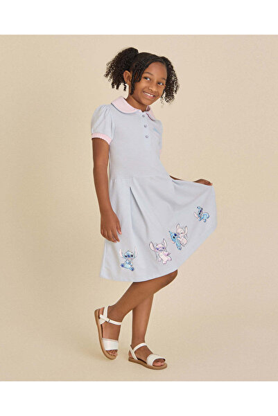 REDTAG Girls Blue Stitch Bottom Placement Print Pique Dress