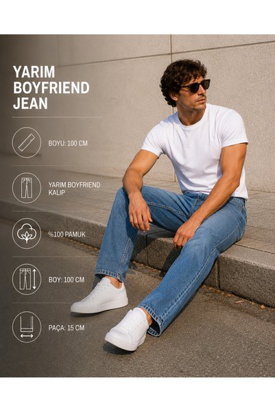 fashionistanbul Men's Boyfriend Jeans Medium Blue Loose Relaxed Fit Denim Jeans