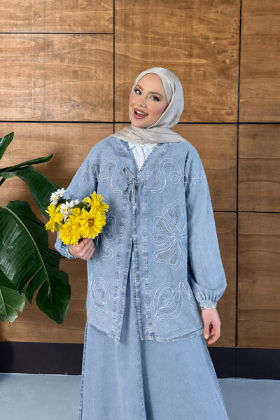 Miss Allos Women's Embroidered Denim Kimono Set