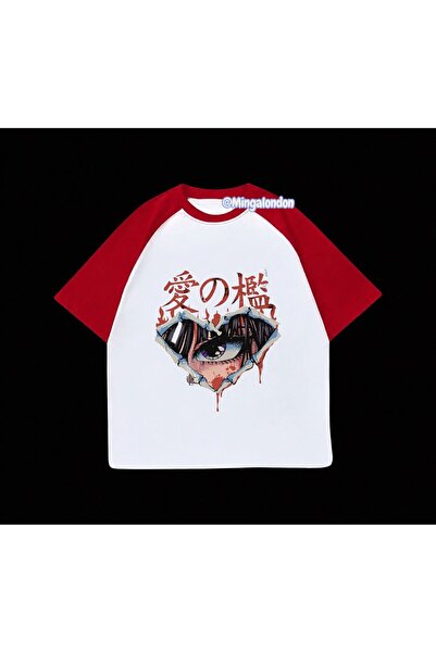 Minga London Anime Eye Heart Printed Red Raglan Sleeve T-Shirt