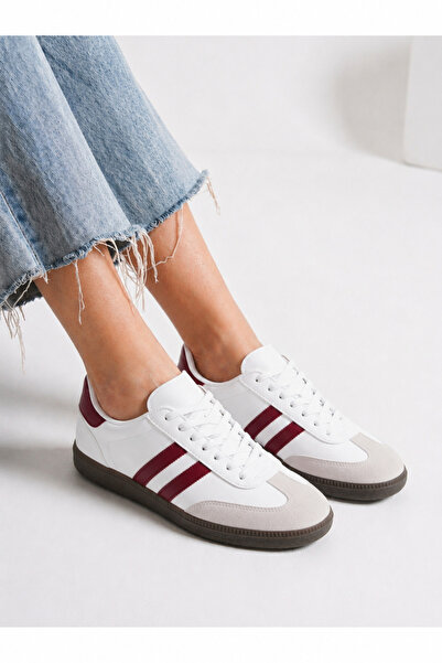 Encool Women's Red and White Sneaker Sports Shoes – Retro Style, Striped Design, Daily Comfortable, Lace-Up Casual Model