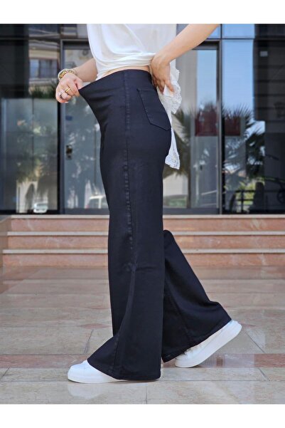 Felix Butik FELİX14280 Bel Lastikli Arka Cepli Palazzo Siyah Jean Pantolon