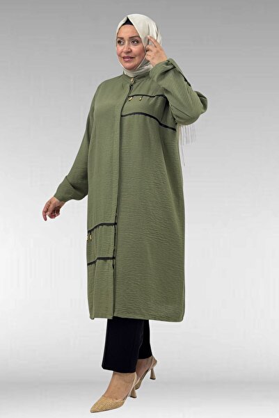 Eslina 68031 Büyük Beden Şerit Detaylı Keten Gömlek - Haki