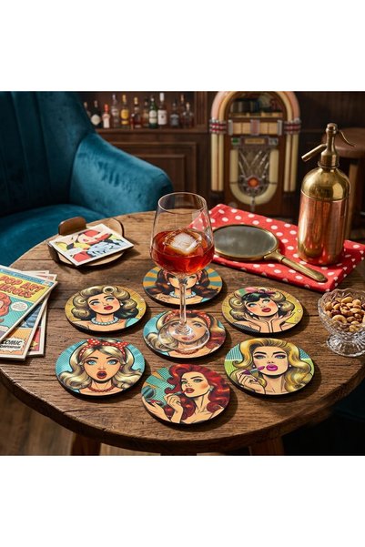 samsunlazer Pop Art Design Wooden Coasters Set of 6 - 3 mm Mdf Retro Women's Figures 9 cm Uv Printing Decorative Coasters