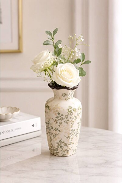 Generic Luxury Vase with Green Floral Motifs and Brown Wavy Edge (32X15 cm).