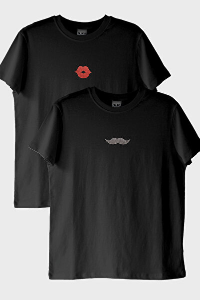 NUUGG Lip and Mustache Patterned Double Combination Black T-Shirt