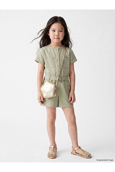 LC Waikiki Lcw Kids Green Short Sleeve Crew Neck Girls Shorts Jumpsuit