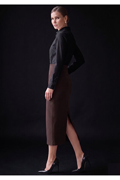 WAYS Women's Brown Diver Regular Waist Black Midi Skirt with Back Slit