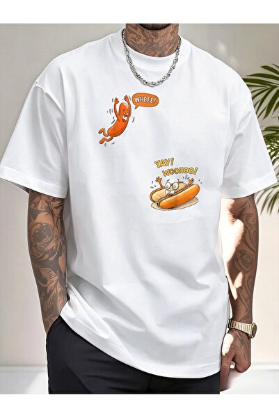 2mcup Humorous Cartoon Print Featuring Hot Dogs Sausages on Casual Leeve TShi...