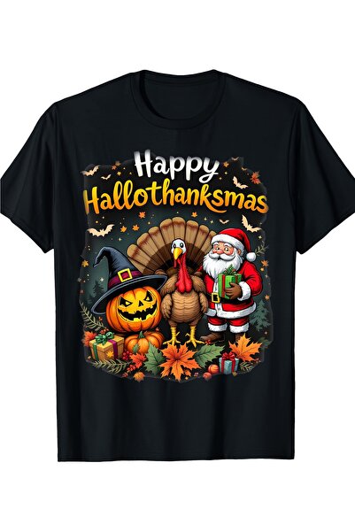 LİNA06 Men'S Halloween Thanksgiving Christmas mashup T-Shirt- Happy Hallothan...