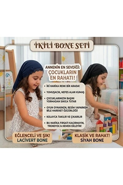 tayuya Gül Tasarımlı Dantelli Kız Çocuk Bonesi LACİVERT/ SİYAH 2-9 Yaş Viskon...