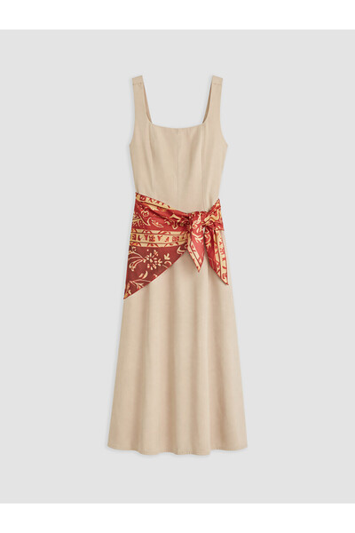 LC Waikiki Lcw Vision Beige Square Collar Flared Dress with Scarf Detail