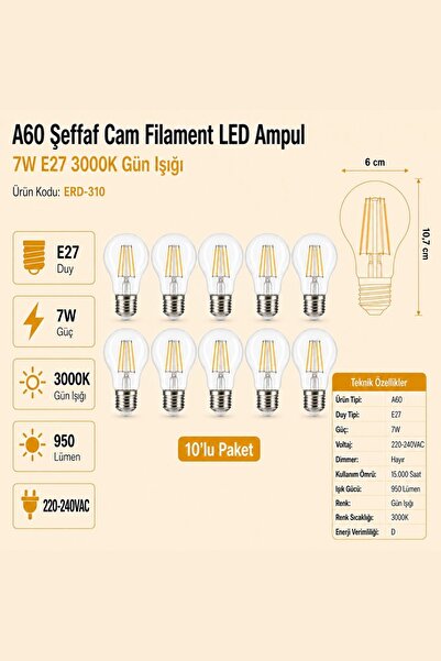 Heka A60 Şeffaf Cam Filament LED Ampul 7W E27 3000K Gün Işığı ERD-310 10'lu