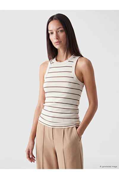 LC Waikiki Lcw Everyday Brown Crew Neck Striped Women's Ribbed Tank Top