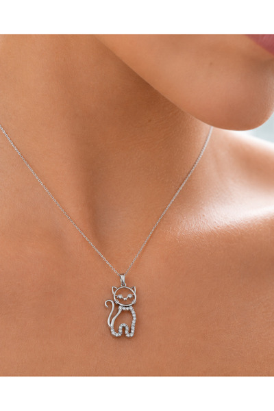 sara silver 925 Ayar Kedi Figürlü Taşlı Gümüş Kadın Kolye