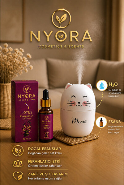 NYORA Lotus Esansiyel Yağ 20 ml ve Kedi Difüzör Hava Nemlendirici Aromaterapi...