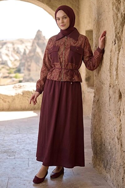 TOFİSA Desenli Etekli Takım Bordo - 28495-BORDO