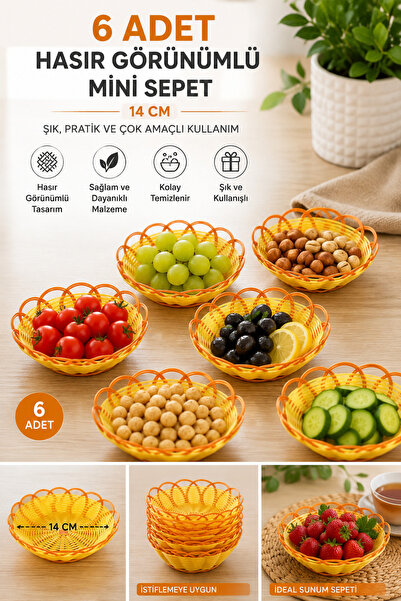 Evsun Home Collection 6 ADET HASIR GÖRÜNÜMLÜ MİNİ SEPET 14CM