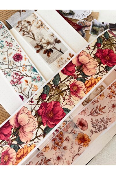 NONA Vintage Çiçek Desenli Dekoratif Washi Tape Seti - 4’lü Set Şerit Bant - ...