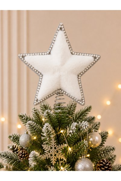 PARTİPORT 30 cm Plush Christmas Tree Topper Star White Glitter Pearl Detailed...