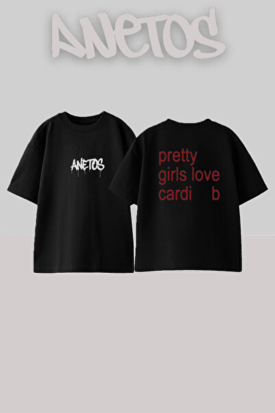Anetos Μαύρο μπλουζάκι Cardi B_63 με στάμπα σε σχέδιο και oversized εφαρμογή