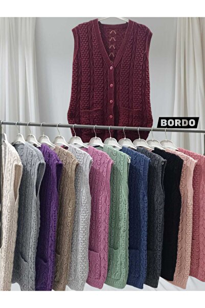 HACERLİ Burgundy and Collar Pocketed Buttoned Knitwear Acrylic Vest Regular F...