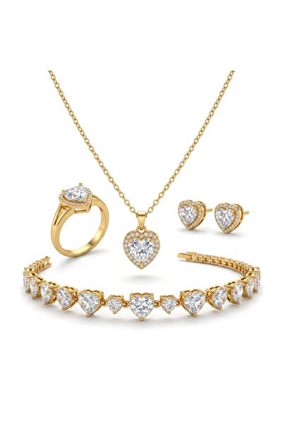 Nur atelier Gold Zirkon Taşlı Kalpli 4'lü Takı Seti