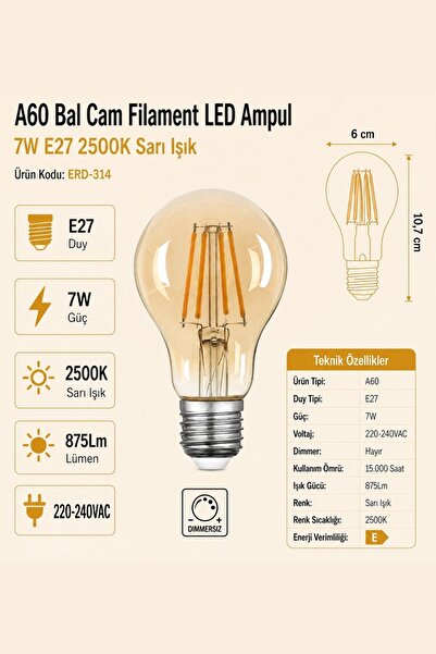 Heka A60 Bal Cam Filament LED Ampul 7W E27 2500K Sarı Işık ERD-314