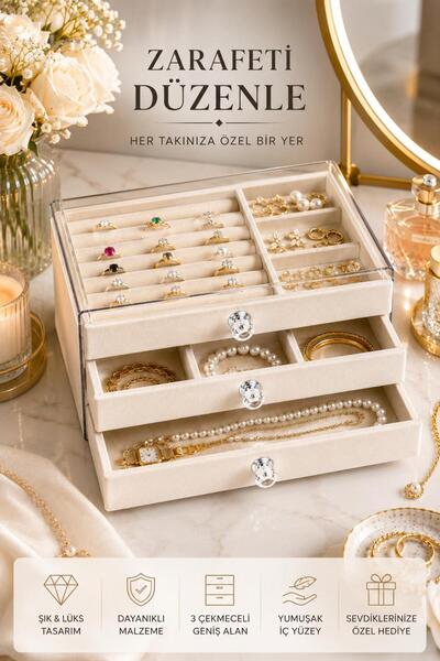 MİORA HOME LÜKS KADİFE TAKI ORGANİZERİ 3 ÇEKMECELİ TAKI KUTUSU YÜZÜK KÜPE KOL...