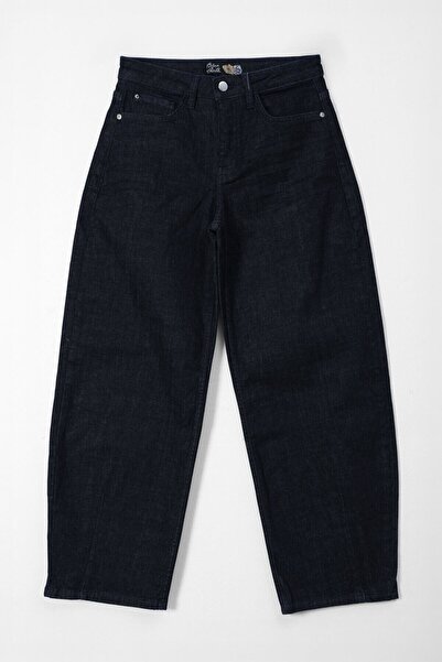 blue white Women's High Waist Balloon Fit Navy Blue Jean Trousers