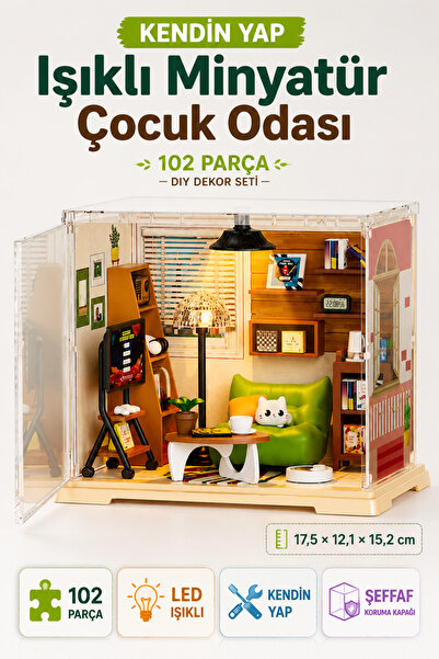 YILDIRIM OYUNCAK Kendin Yap Işıklı Minyatür Çocuk Odası Seti 102 Parça – Şeff...