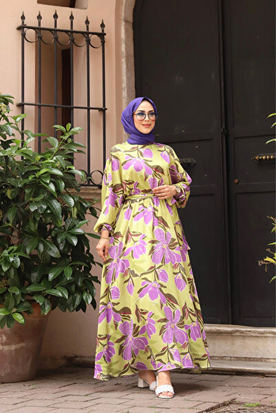 suffemoda Patterned Satin Women's Hijab Dress with Elastic Waistband and Belt...