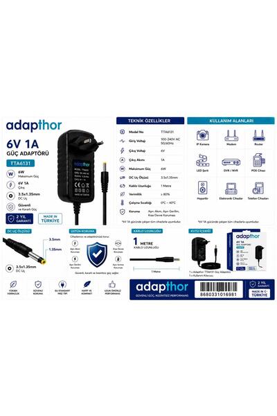 ADAPTHOR TTA-6131 6W 6V 1A 3.5*1.35 PRİZ TİPİ ADAPTÖR