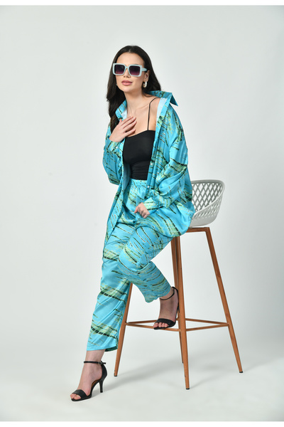 RIZQE Modest Blue Satin Co-Ord Set for Women | Abstract Print 2 Piece Set by ...
