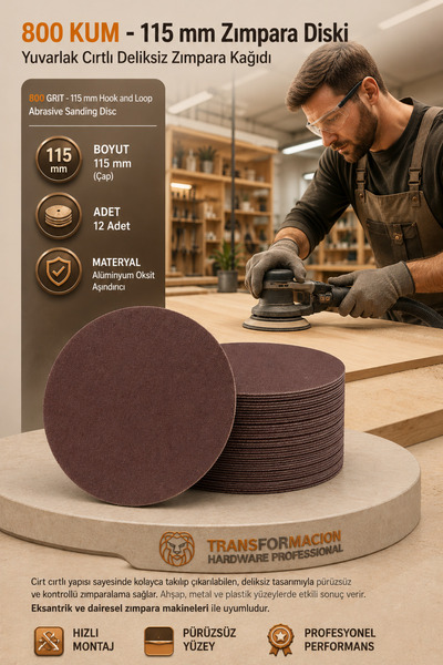 Creatividad Solutions 12 ADET 800 KUM Yuvarlak Cırtlı Zımpara Diski 115 mm De...