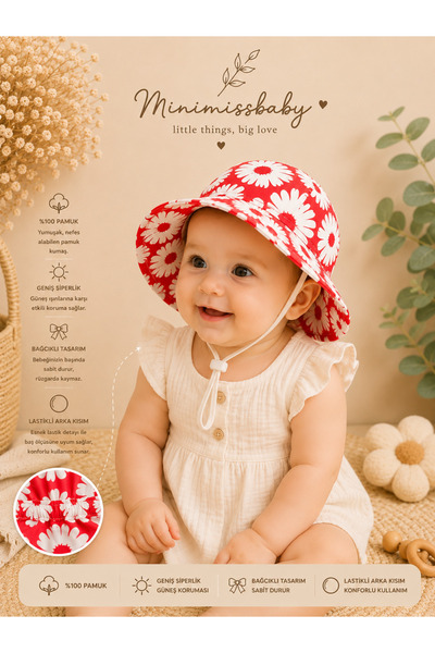 Minimissbaby قبعة من القطن الأحمر المزخرف بالزهور من قماش البوبلين للفتيات ال...