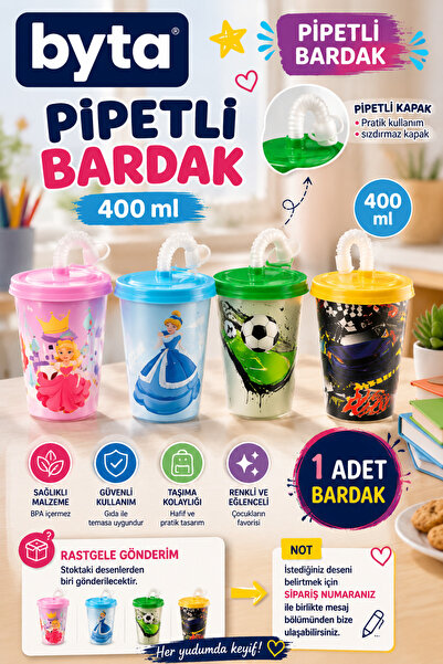 BYTA 400 ml Çocuk Pipetli Bardak – Kapaklı Suluk, BPA İçermez (1 Adet, Desenl...